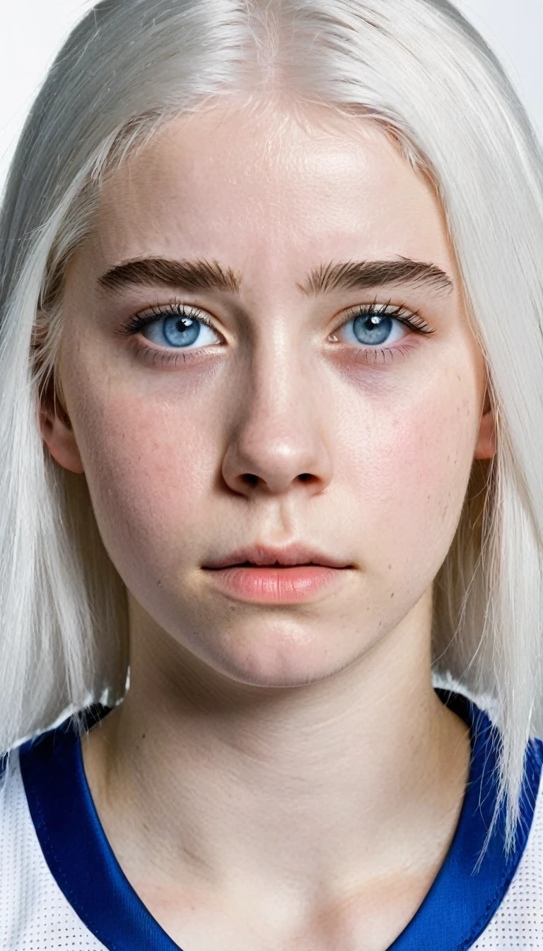Basketball player, 16 year old girl with white hair, white skin and blue eyes, with a disappointed face