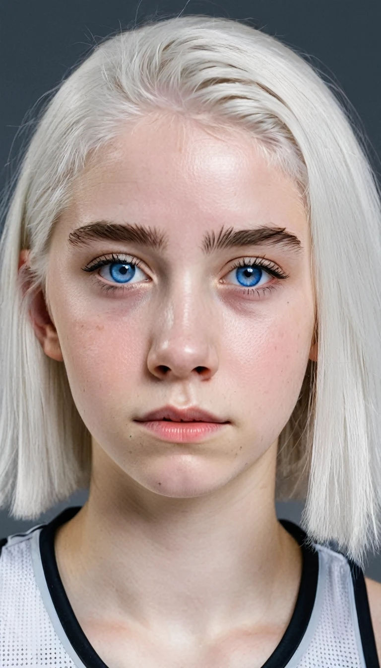 Basketball player, 16 year old girl with white hair, white skin and blue eyes, with a disappointed face