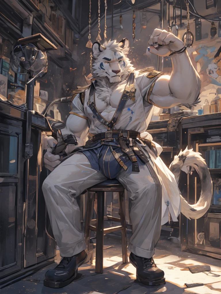 {{bara extremely handsome white tiger,}} {{white fur,}} white, wearing military like purple trench coat, purple trousers, white dress shirt and necktie, white fluffy furry body and limbs, loafers, very tall, very broad shoulders, narrow waist, muscular arms, massive pecs, purple eyes, very long legs,  sitting on swivel chair with legs spread, massive bulge, reading file, sophisticated hot look, full body, sunlight casting over, 3/4 view, best quality, high quality, silver earring on left ear, sultry smirk