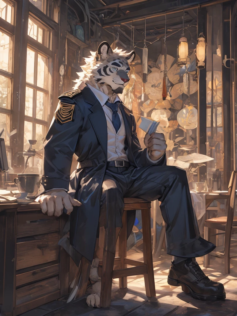 {{bara extremely handsome white tiger,}} {{white fur,}} white, wearing military like purple trench coat, purple trousers, white dress shirt and necktie, white fluffy furry body and limbs, loafers, very tall, very broad shoulders, narrow waist, muscular arms, massive pecs, purple eyes, very long legs,  sitting on swivel chair with legs spread, massive bulge, reading file, sophisticated hot look, full body, sunlight casting over, 3/4 view, best quality, high quality, silver earring on left ear, sultry smirk