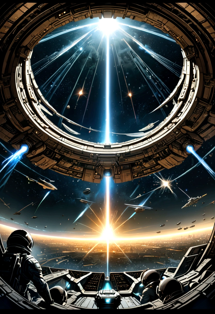 (Space War), sci-fi style, a metallic spacecraft is passing through a wormhole, with unknown galaxies shining in the distance. Enemy ships are still chasing behind, with stars and wormholes in the background, (panoramic view), award-winning, cinematic still, emotional, vignette, dynamic, vivid, (masterpiece, best quality, Professional, perfect composition, very aesthetic, absurdres, ultra-detailed, intricate details:1.3)