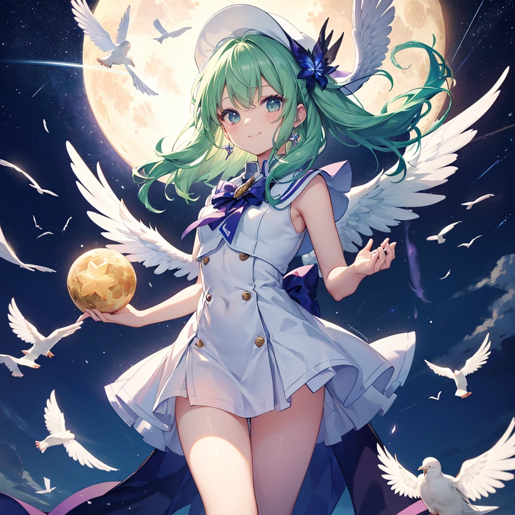 (((Archangel　Divine bow)))　((fluffy feathers　smile　Big feather))，((White Dove　Big full moon))，(End of the Galaxy　shooting star　Sailor suit　Shiny Earrings　Green Hair　Long Hair)，　Shining Edge　Shining Background