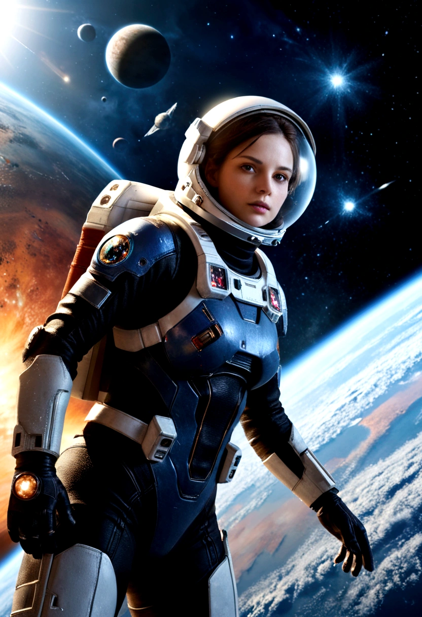 A female astronaut, extremely detailed and realistic, surrounded by gigantic starships engaged in an epic space battle, with detailed galactic conflict and photorealistic planets in the background, (best quality,4k,8k,highres,masterpiece:1.2),ultra-detailed,(realistic,photorealistic,photo-realistic:1.37),cinematic lighting,dramatic atmosphere,intense action,vibrant colors,dramatic pose,muscular body,highly detailed facial features,hyperrealistic space environment,large breasts,scifi,science fiction