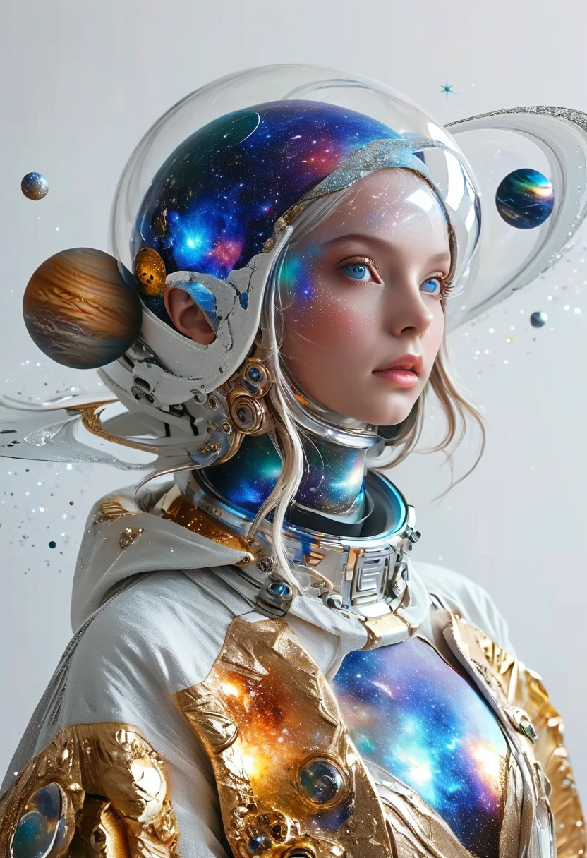 3D,Galaxy Portrait,Complex planet decoration。White background