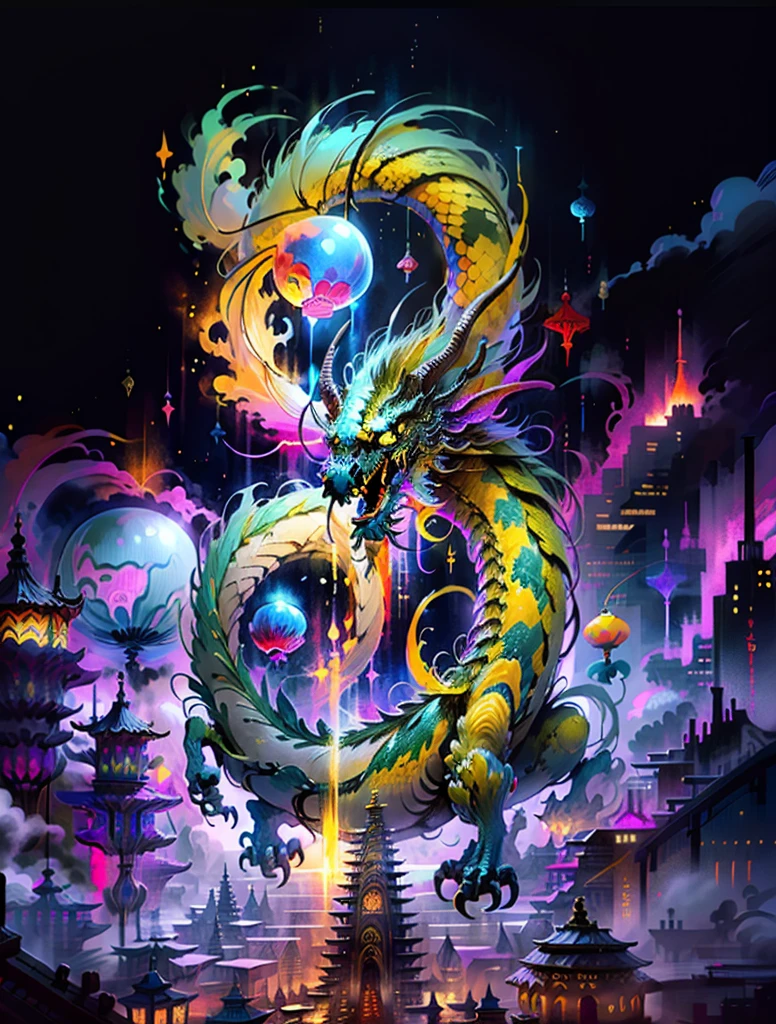 masterpiece, Ultra-high resolution, No humans, Intricate details, ff14style, painting of future cities on the moon, universe, performer, Intergalactic, planet, ((China Town,)) Bright colors, (length: 1), Yellow Eyes, cloud, scale, Oriental Dragon, Mouth open, 鋭いteeth, flight, horn, teeth, foot nail, tooth, in a fantastical otherworldly visual style,