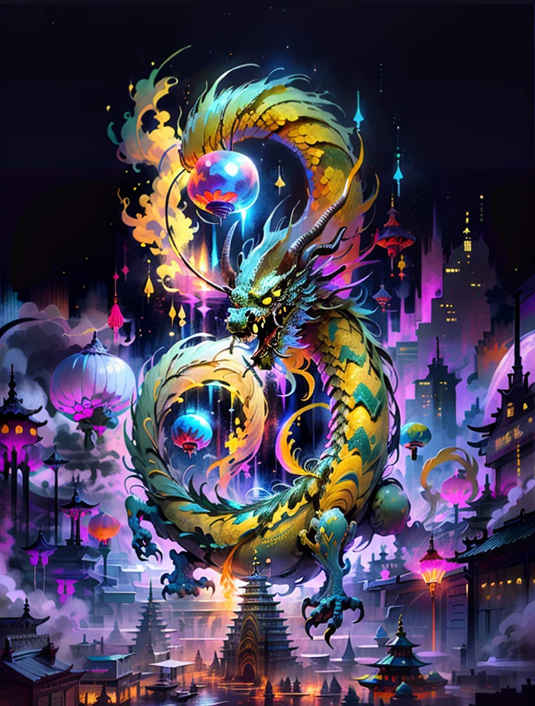 masterpiece, Ultra-high resolution, No humans, Intricate details, ff14style, painting of future cities on the moon, universe, performer, Intergalactic, planet, ((China Town,)) Bright colors, (length: 1), Yellow Eyes, cloud, scale, Oriental Dragon, Mouth open, 鋭いteeth, flight, horn, teeth, foot nail, tooth, in a fantastical otherworldly visual style,