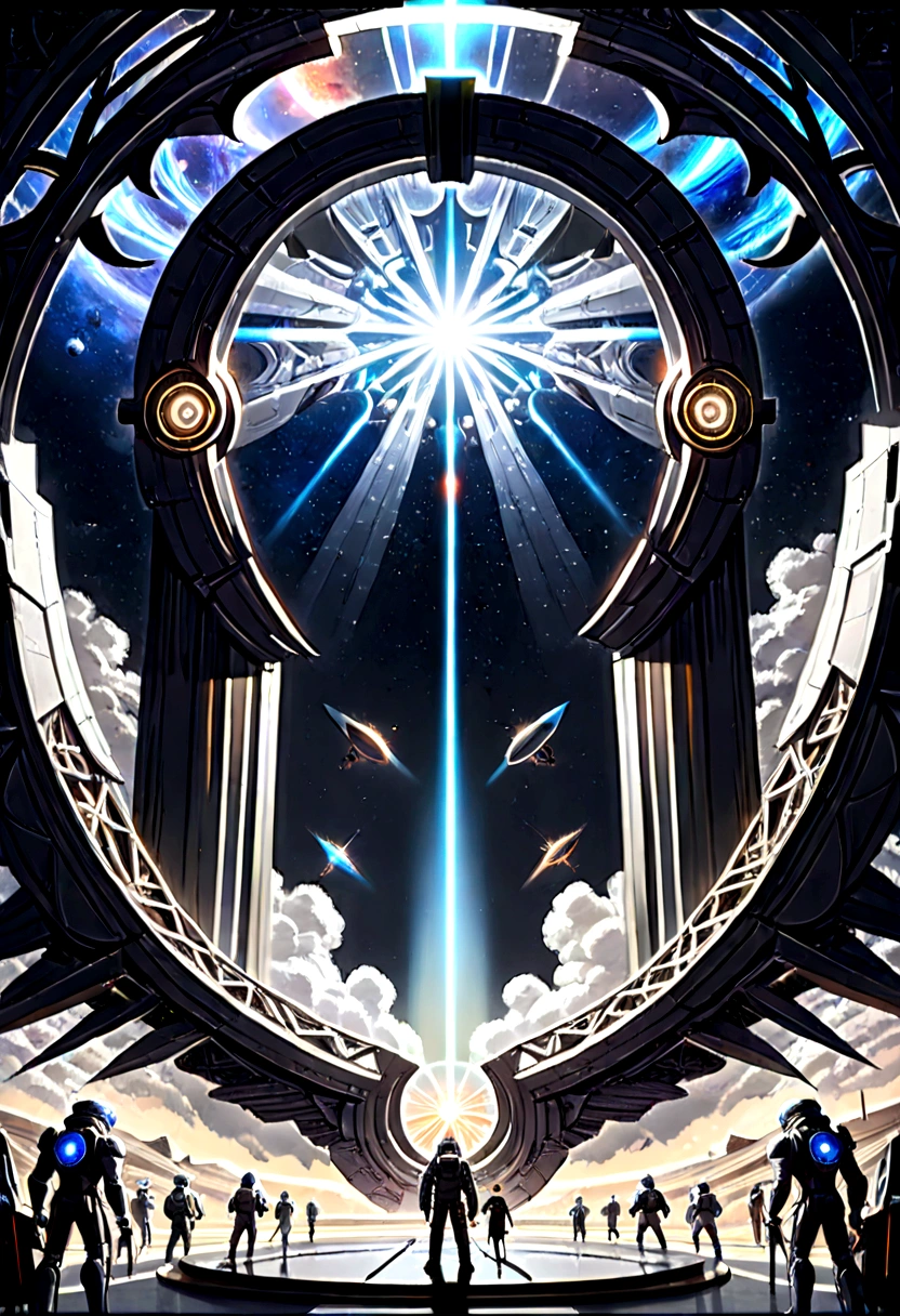 (Space War), sci-fi style, a metallic spacecraft is passing through a wormhole, with unknown galaxies shining in the distance. Enemy ships are still chasing behind, with stars and wormholes in the background, (panoramic view), award-winning, cinematic still, emotional, vignette, dynamic, vivid, (masterpiece, best quality, Professional, perfect composition, very aesthetic, absurdres, ultra-detailed, intricate details:1.3)