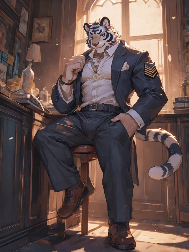{{bara extremely handsome white tiger,}} {{white fur,}} white, wearing military like purple trench coat, purple trousers, white dress shirt and necktie, white fluffy furry body and limbs, loafers, very tall, very broad shoulders, narrow waist, muscular arms, massive pecs, purple eyes, very long legs, sitting on swivel chair with legs spread, massive bulge, reading file, sophisticated hot look, full body, sunlight casting over, 3/4 view, best quality, high quality, silver earring on left ear, sultry smirk