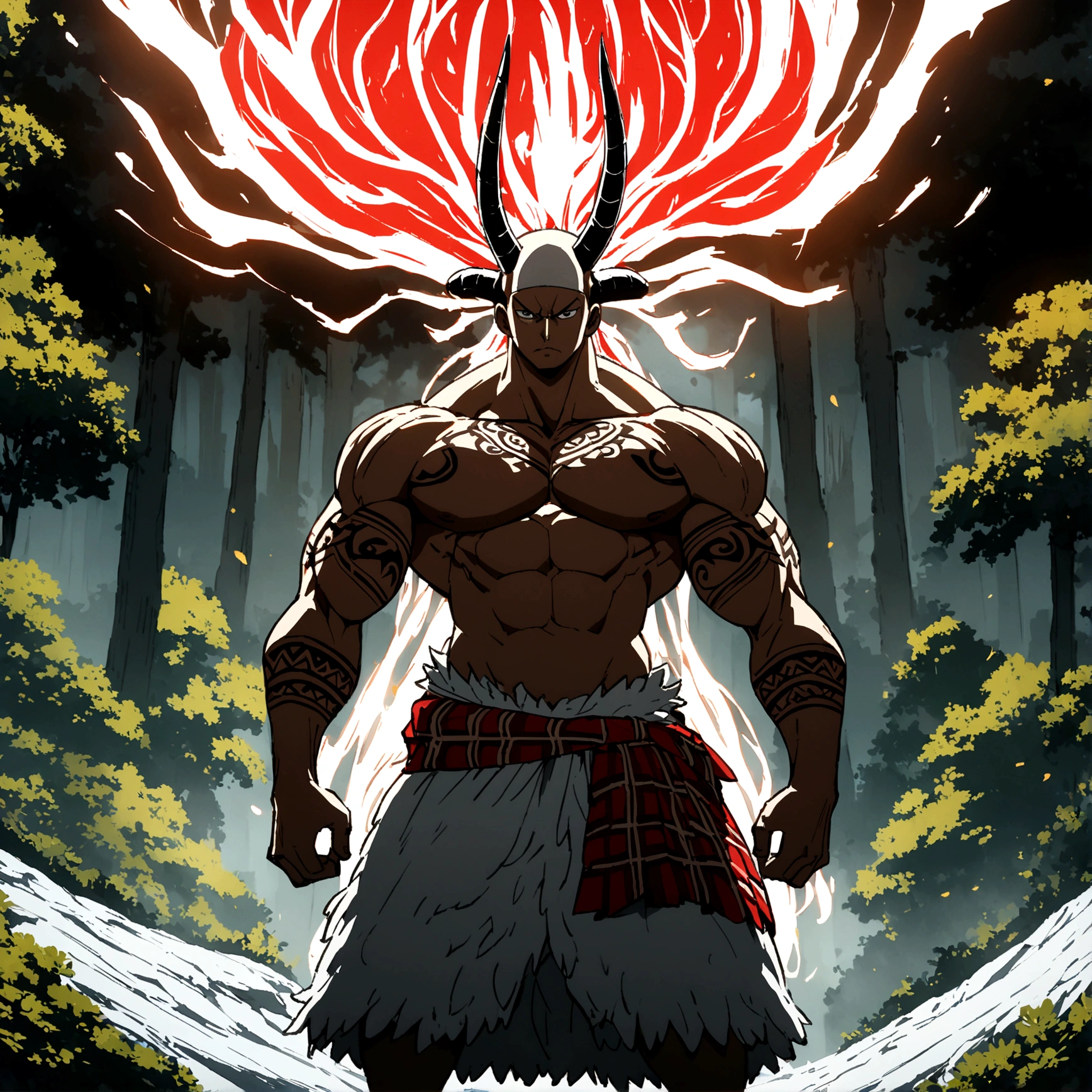 Black woman, tall, muscular and large body, long red hair, serious expression, black horns, tribal tattoos, lumberjack clothing, forest background, ONE PIECE inspired anime lines, bathed in drama, incredible lighting, infused with creative details, ultra-fine 2D drawing, incredible scenery, bathed in creativity, boasting anime resolution clarity, anime graphics, high octane rendering