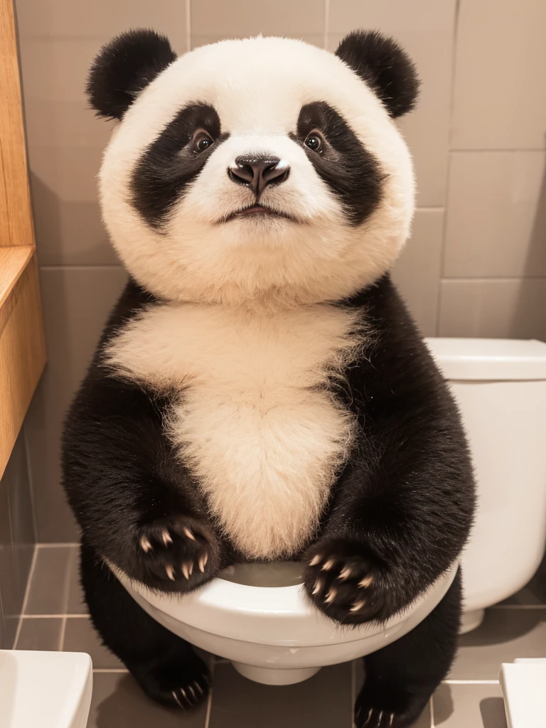 A cute giant panda sitting on the toilet lid，big eyes，Focus，Super HD