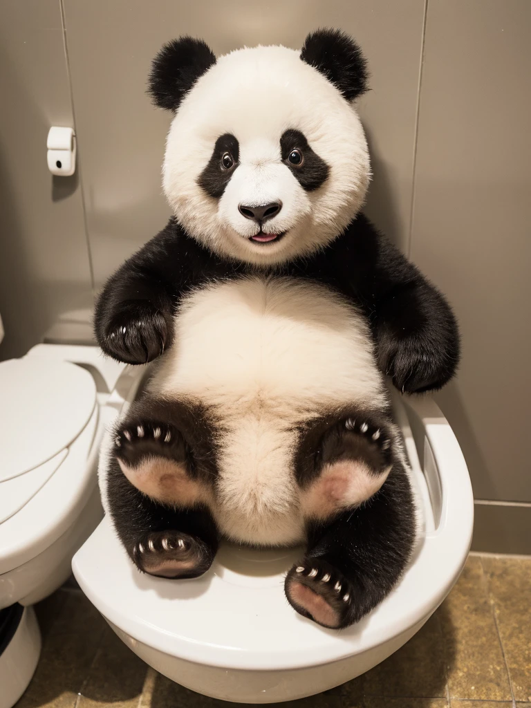 A cute giant panda sitting on the toilet lid，big eyes，Focus，Super HD