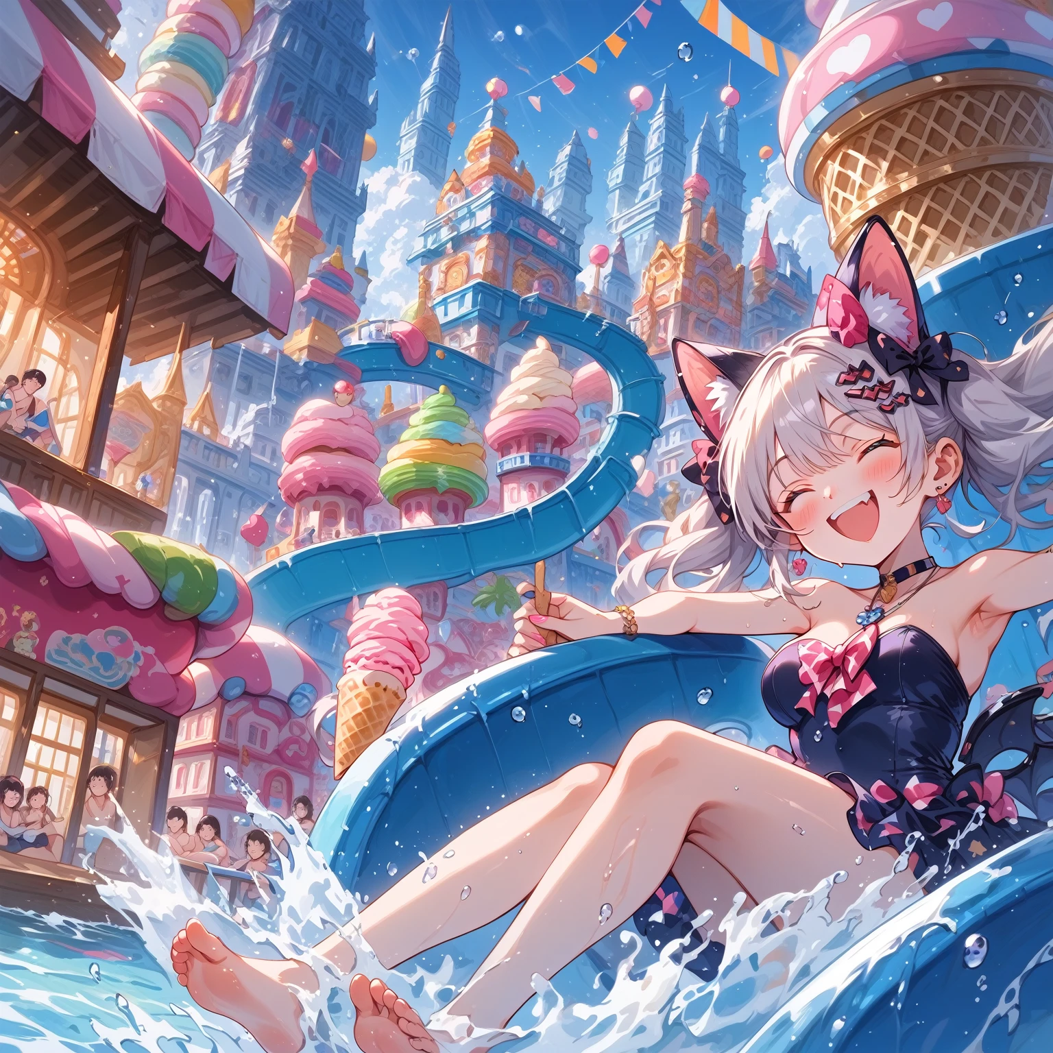 score_9, score_8_up, score_7_up, source_anime,masterpiece, best quality, high resolution, extremely detailed CG, absurdres, highres, A dreamy water playground, all the buildings are made of ice cream, the ice cream castle is colorful, and the girl in swimsuit is sliding down the water slide, very happy, neondskdrmsxl