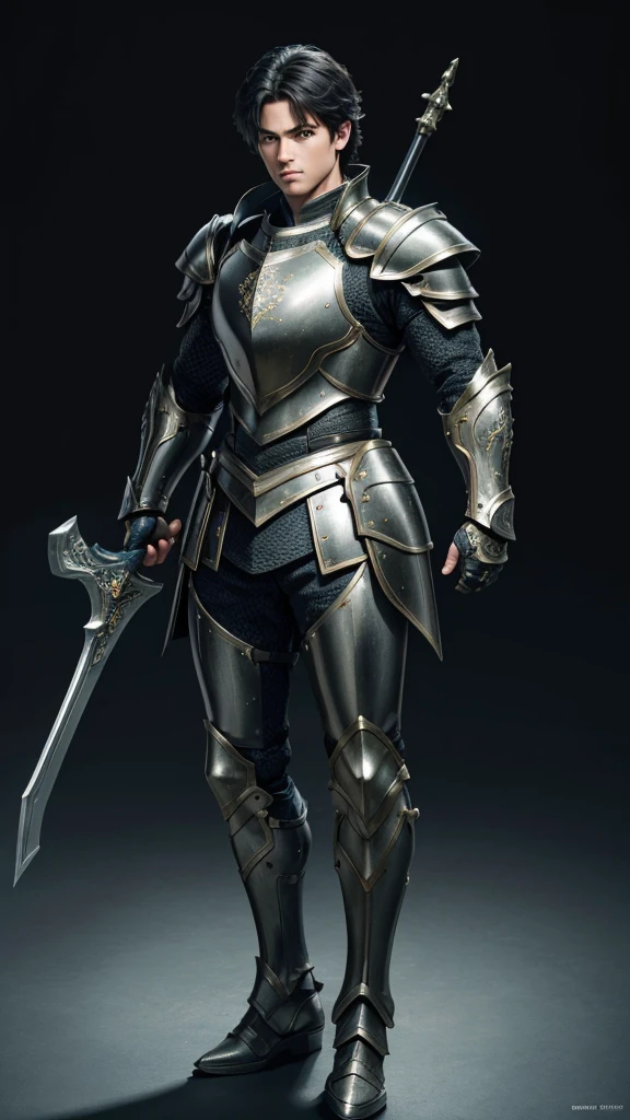 (((best quality))), (((ultra-detailed))), masterpiece, 8k, HD quality, add Details, 1boy, armor, full body armor, green armor, black hair, blue eyes, shoulder pads, bow (weapon), masterpiece, best quality,  highres, looking at viewer, full body, wide view,long shoot, standing, extremely detailed armor, intricate details, ultraquality, black background.