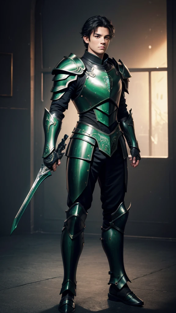 (((best quality))), (((ultra-detailed))), masterpiece, 8k, HD quality, add Details, 1boy, armor, full body armor, green armor, black hair, blue eyes, shoulder pads, bow (weapon), masterpiece, best quality, highres, looking at viewer, full body, wide view,long shoot, standing, extremely detailed armor, intricate details, ultraquality, black background.