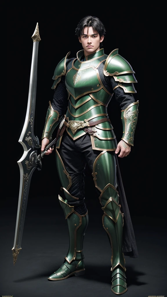 (((best quality))), (((ultra-detailed))), masterpiece, 8k, HD quality, add Details, 1boy, armor, full body armor, green armor, black hair, blue eyes, shoulder pads, bow (weapon), masterpiece, best quality, highres, looking at viewer, full body, wide view,long shoot, standing, extremely detailed armor, intricate details, ultraquality, black background.