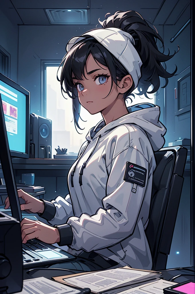 (masterpiece, best quality, detailed face, super detailed, advanced details, highest quality, high resolution, 8K) A cinematographic scene of a tomboy white skin girl, ponytail dark hair, grey eye color, wearing a black cap hat, black hoodie, black techwear clothes, sit on a desk hacking on computer, dark secret room with computer screens neon lights on the background
