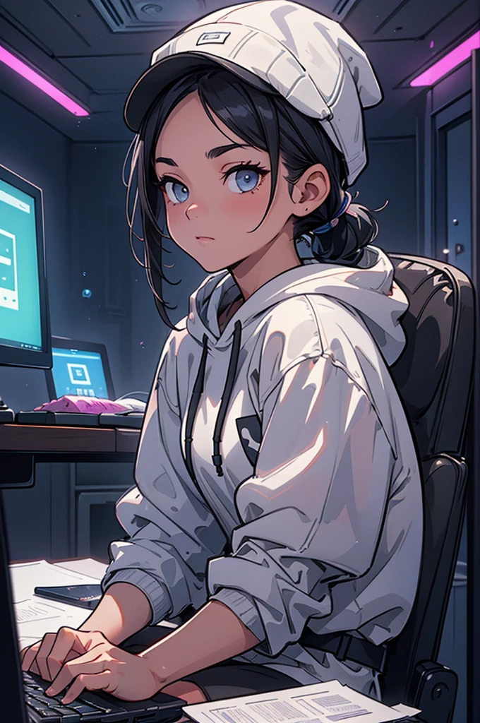 (masterpiece, best quality, detailed face, super detailed, advanced details, highest quality, high resolution, 8K) A cinematographic scene of a tomboy white skin girl, ponytail dark hair, grey eye color, wearing a black cap hat, black hoodie, black techwear clothes, sit on a desk hacking on computer, dark secret room with computer screens neon lights on the background
