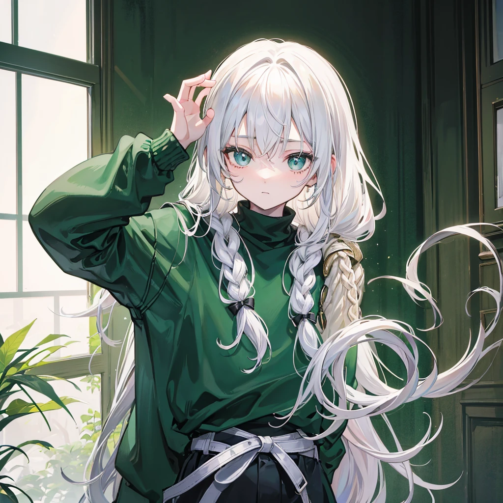 make a photo of a teenage boy, with semi-serious braided white hair, wearing a dark green sweater,and 2 small x under the cheek