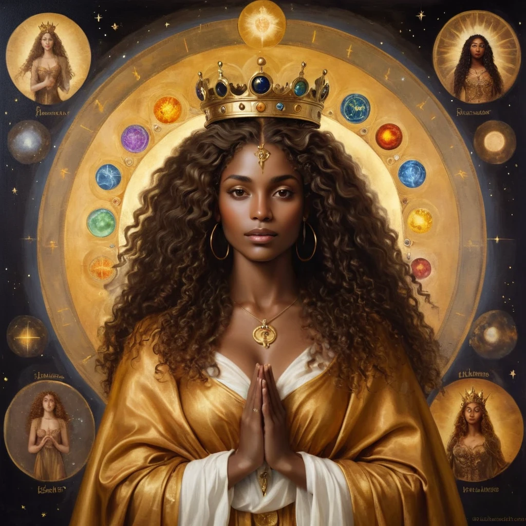 Black woman with dark skin with a beautiful face and a look of gratitude and unconditional love, long curly hair, glad,  with a crown on his head, royal crown no estilo brittanica e um cedro, with a golden cloak with the 7 chakras, luxurious setting, and with mystical art and beautiful elements, and other deities around her, She looks and beholds the coosmic golden celestial realms, with astrology elements, renaissance painting, oil painting inspirado em leonardo da vinci. astrological divinations, hermeism, elements of astrology, ​masterpiece, cosmic and transcendent vibe, oil painting, picture painting, renaissance painting, baroque art