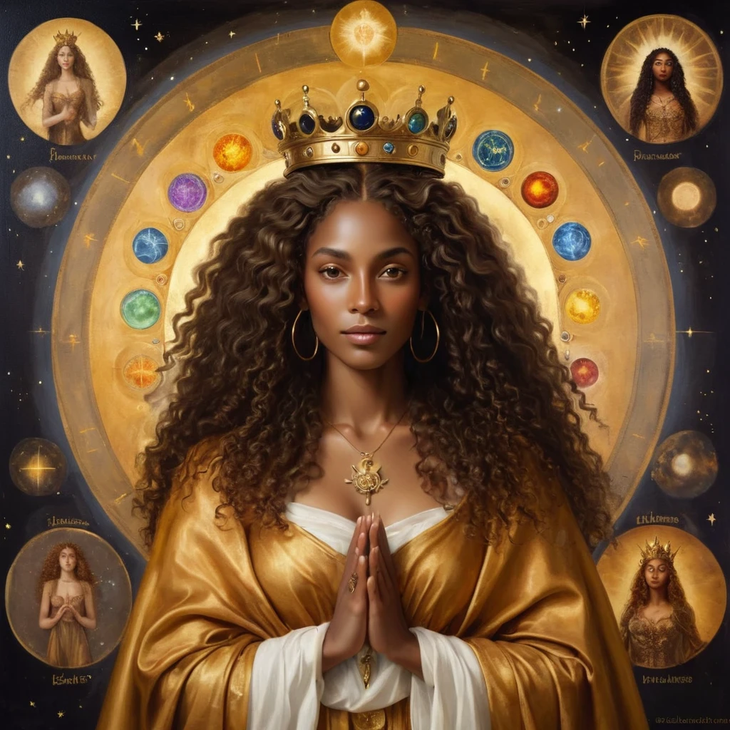 Black woman with dark skin with a beautiful face and a look of gratitude and unconditional love, long curly hair, glad, with a crown on his head, royal crown no estilo brittanica e um cedro, with a golden cloak with the 7 chakras, luxurious setting, and with mystical art and beautiful elements, and other deities around her, She looks and beholds the coosmic golden celestial realms, with astrology elements, renaissance painting, oil painting inspirado em leonardo da vinci. astrological divinations, hermeism, elements of astrology, masterpiece, cosmic and transcendent vibe, oil painting, picture painting, renaissance painting, baroque art