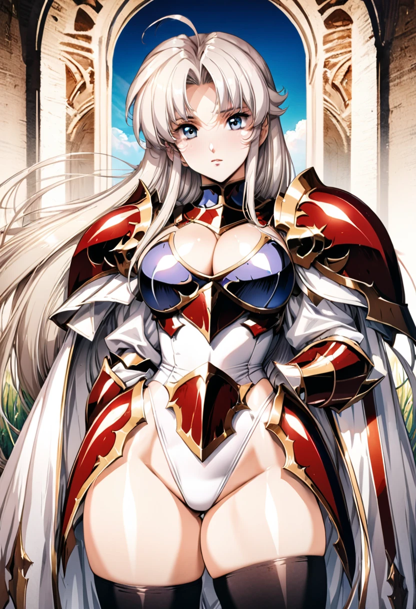 ((highest quality)), ((masterpiece)), ((hyperrealistic)), (detailed background), anime style, solo, 1girl, ((langrisser)), ((curvy: 1.2)), kawaii, ((fantasy armor: 1.3)), Silver long hair, ahoge, forehead, parted bangs, (white paladin armor), ((white leotard: 1.3)), ((large breasts)), (zettai ryouiki black knee socks), ((gauntlet)), (cleavage breastplate), (big butt), (thighs), (groin), beautiful eyes, perfect face, Perfect hands, perfect fingers, Blue sky and grassland, take a pose