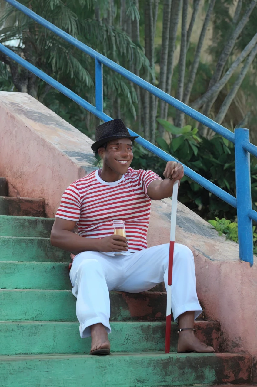 Illustration of a black MAN, sitting down, Grinning, with black Panama hat, horizontally striped t-shirt in white and red, White pants, holding a glass of beer and a white and red striped cane