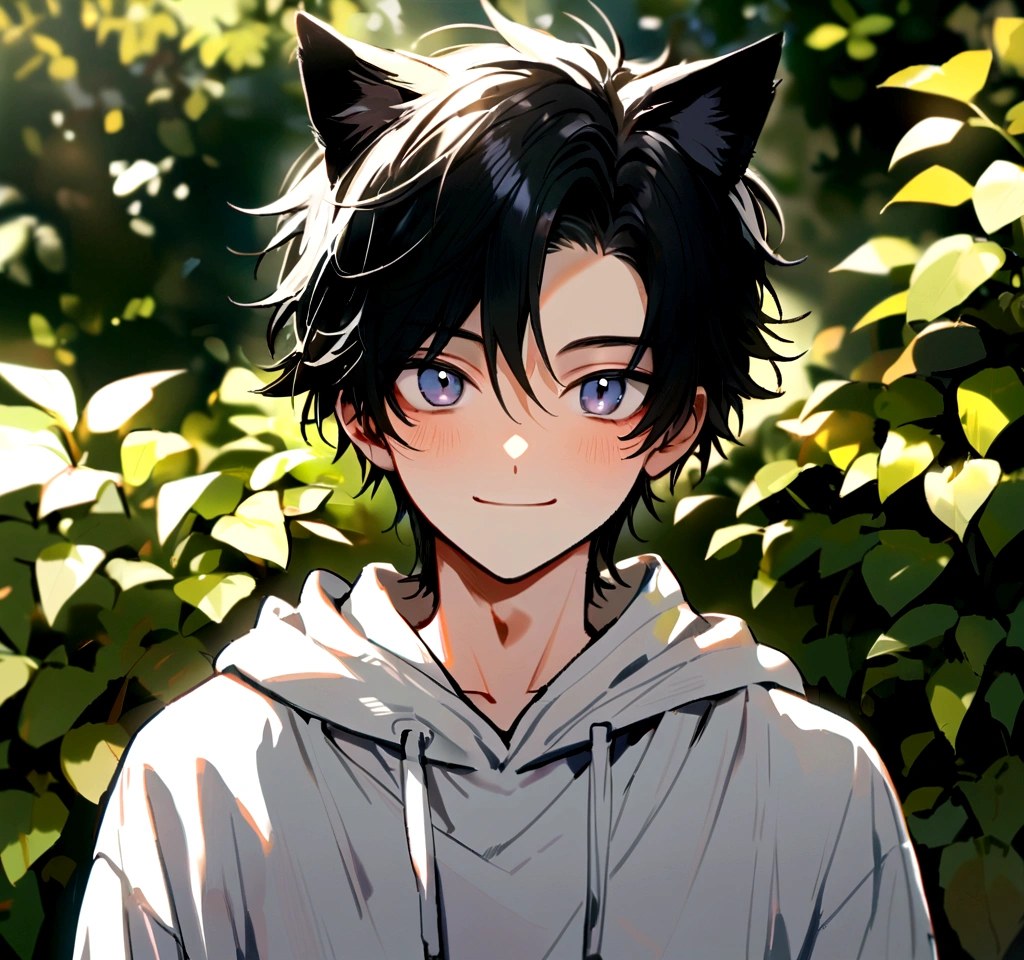 Male, 17 years old, long black hair, black and white sweatshirt, cat ears　smile　Sunburn