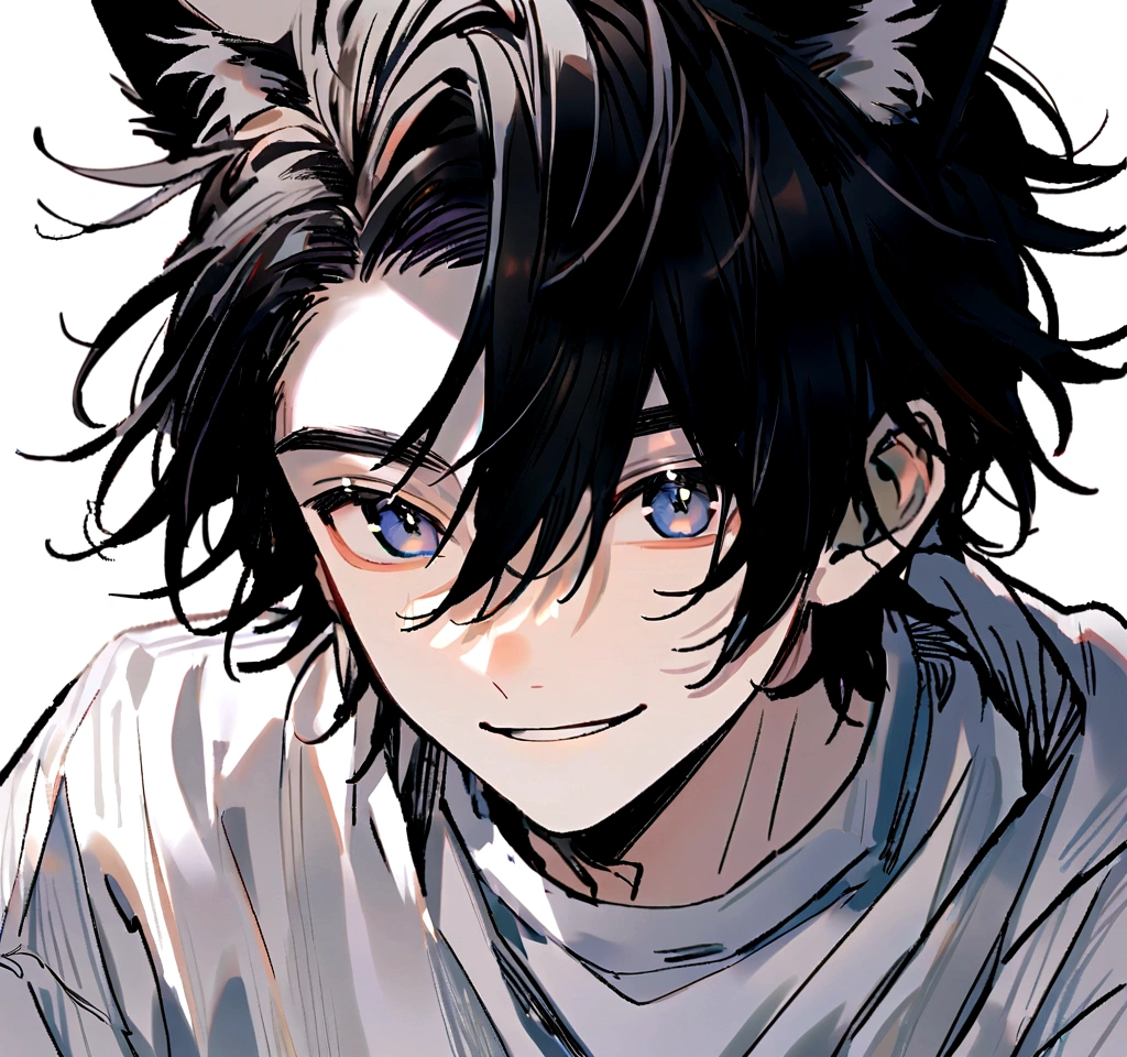 Male, ************, long black hair, black and white sweatshirt, cat ears　smile　Sunburn