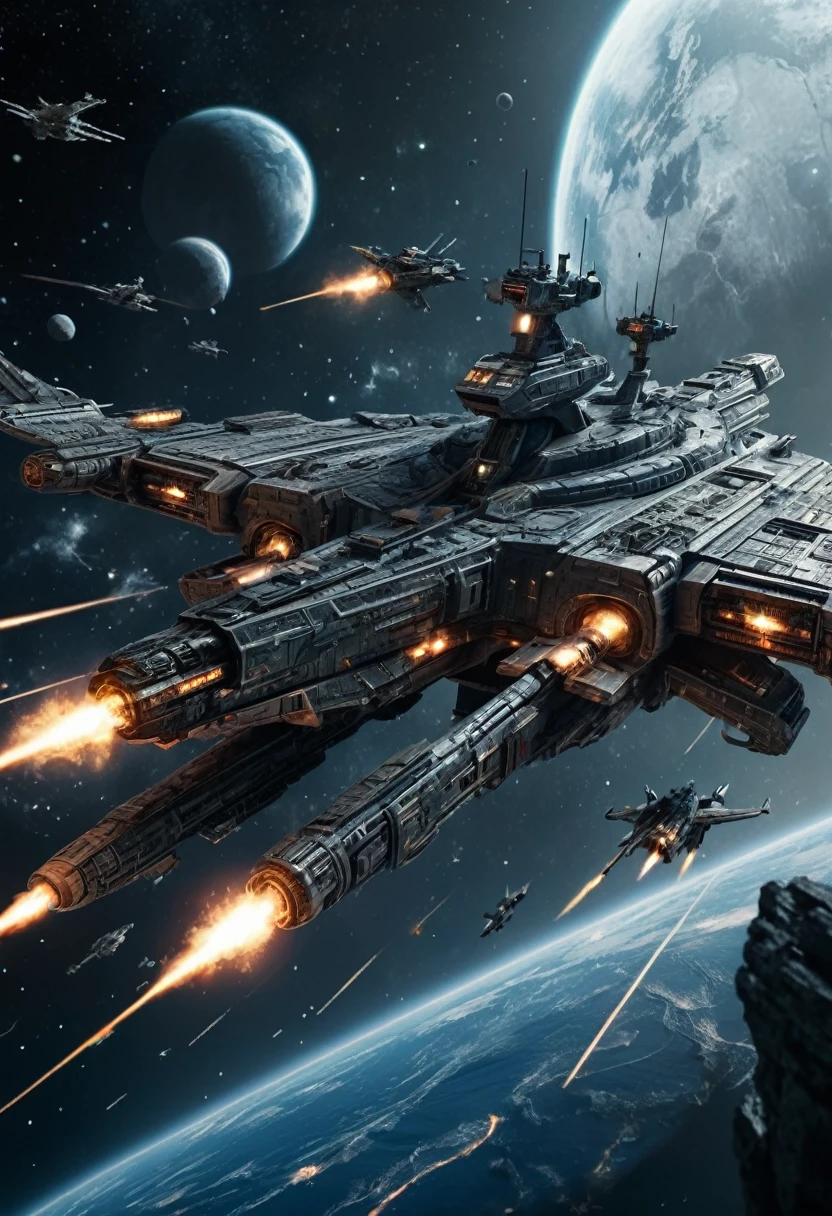 (Space War), sci-fi style, a metallic spacecraft is passing through a wormhole, with unknown galaxies shining in the distance. Enemy ships are still chasing behind, with stars and wormholes in the background, (panoramic view), award-winning, cinematic still, emotional, vignette, dynamic, vivid, (masterpiece, best quality, Professional, perfect composition, very aesthetic, absurdres, ultra-detailed, intricate details:1.3)