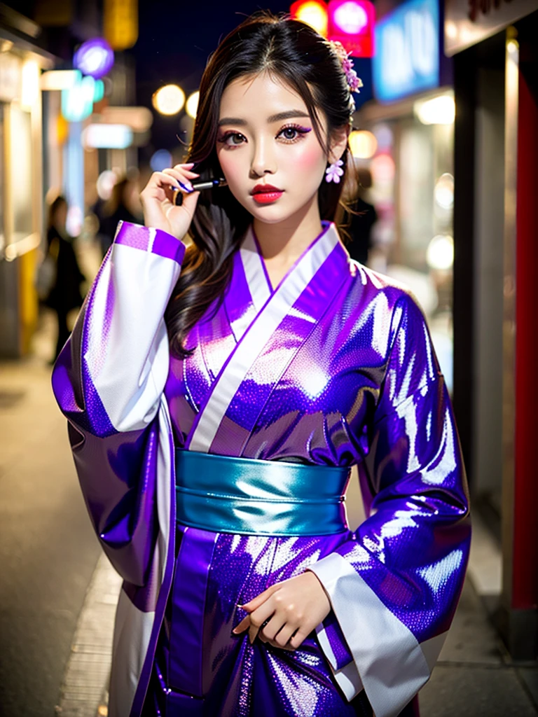 high quality, high resolution, Scenery of the city,Lots of girls,She is wearing a long-sleeved kimono made of super shiny enamel fabric.,Heavy makeup,purple mascara,Purple Eyeshadow,Shiny red lipstick
