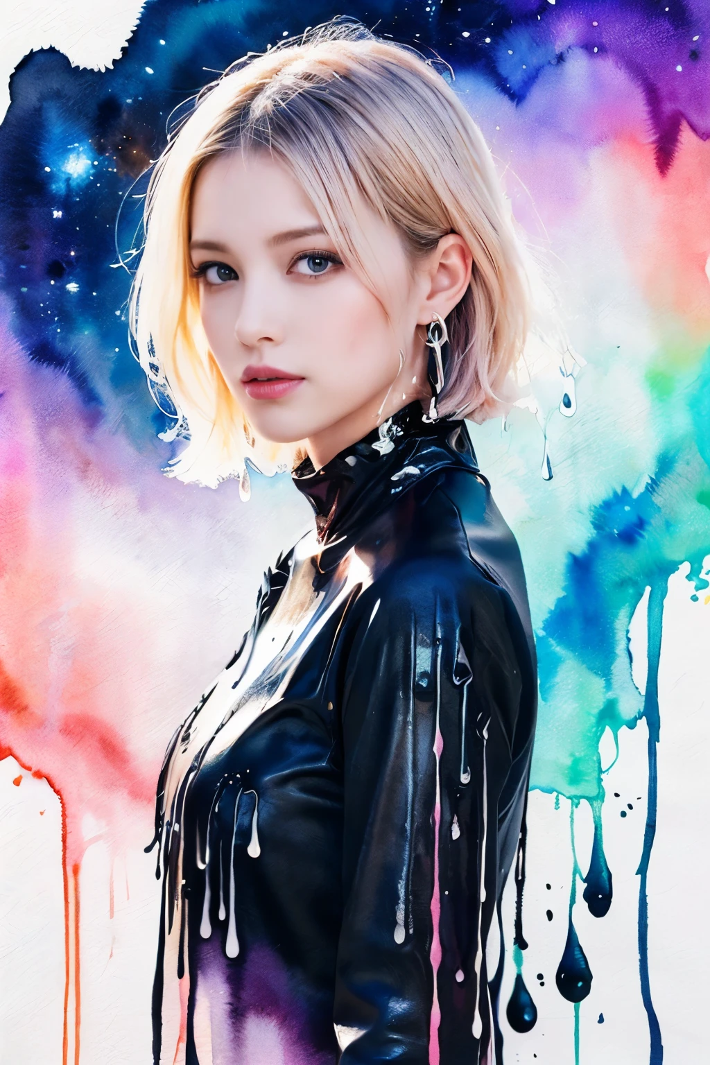 ((masterpiece:1.4, Highest quality)), (Photorealism), (watercolor background), (Artwork), ((1 Girl)), (Bright design), (Space and galaxy pastel colors), (Ink splashes and drips:1.5), (looking at viewer)