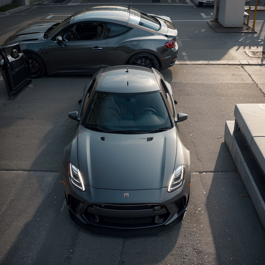 Create a hyperrealistic image of a luxury car from the side, showing the full body in a see-through manner to reveal every important internal device and component. Each device should be labeled with a small, minimalistic, but readable sign in white letters. The engine, transmission, suspension system, and electrical components should be prominently visible. The car should be painted in a sleek metallic color and be situated in a modern urban setting. In the bottom right corner, include the car manufacturer's logo and the model number along with a small blueprint of the car from the top, all in black. Ensure all parts are very detailed and visible, while the car as a whole remains recognizable. The cover image should encompass the entire scene, ensuring every detail is captured in the image