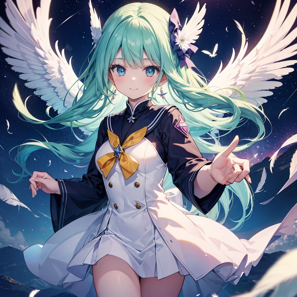 (((Archangel Holding a bow))) ((fluffy feathers smile Big feather)),((White Dove Big full moon)),(End of the Galaxy shooting star Sailor suit Shiny Earrings Green Hair Long Hair), Shining Edge Shining Background