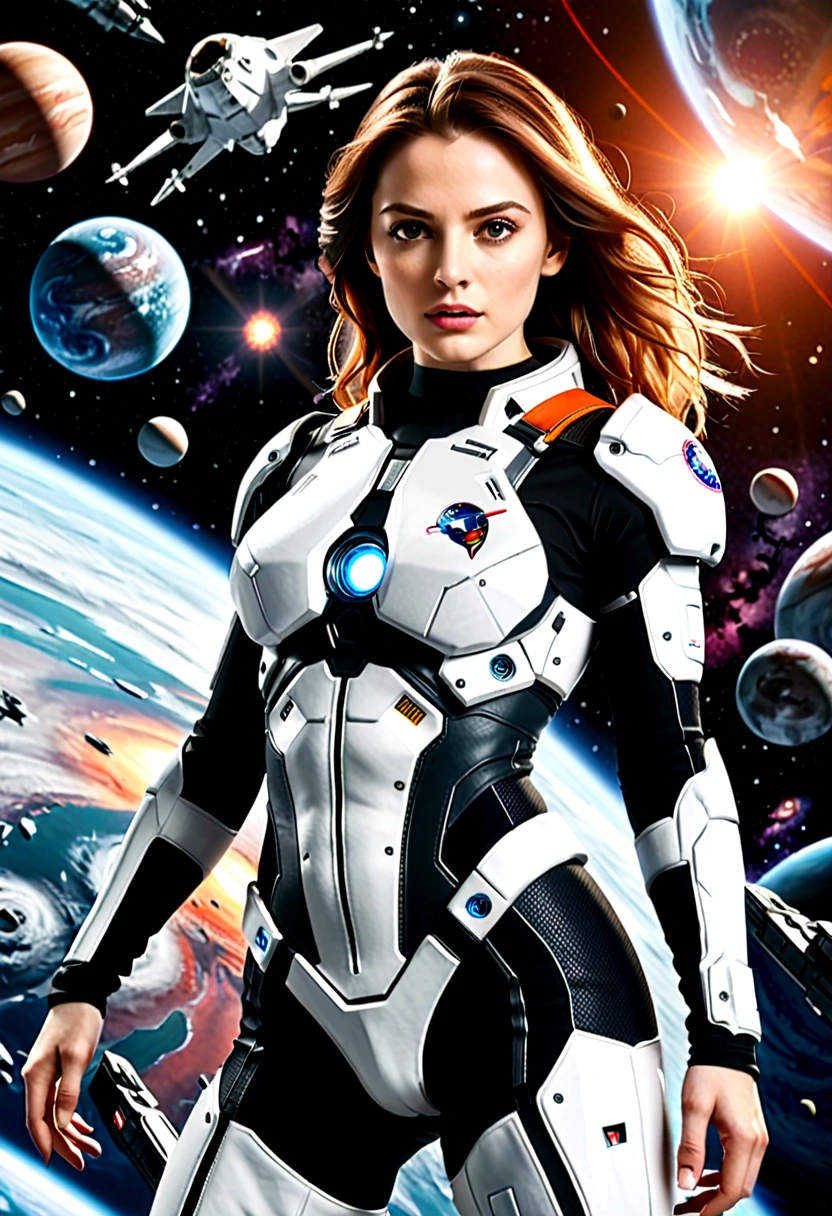 A female astronaut, extremely detailed and realistic, surrounded by gigantic starships engaged in an epic space battle, with detailed galactic conflict and photorealistic planets in the background, (best quality,4k,8k,highres,masterpiece:1.2),ultra-detailed,(realistic,photorealistic,photo-realistic:1.37),cinematic lighting,dramatic atmosphere,intense action,vibrant colors,dramatic pose,muscular body,highly detailed facial features,hyperrealistic space environment,large breasts,scifi,science fiction