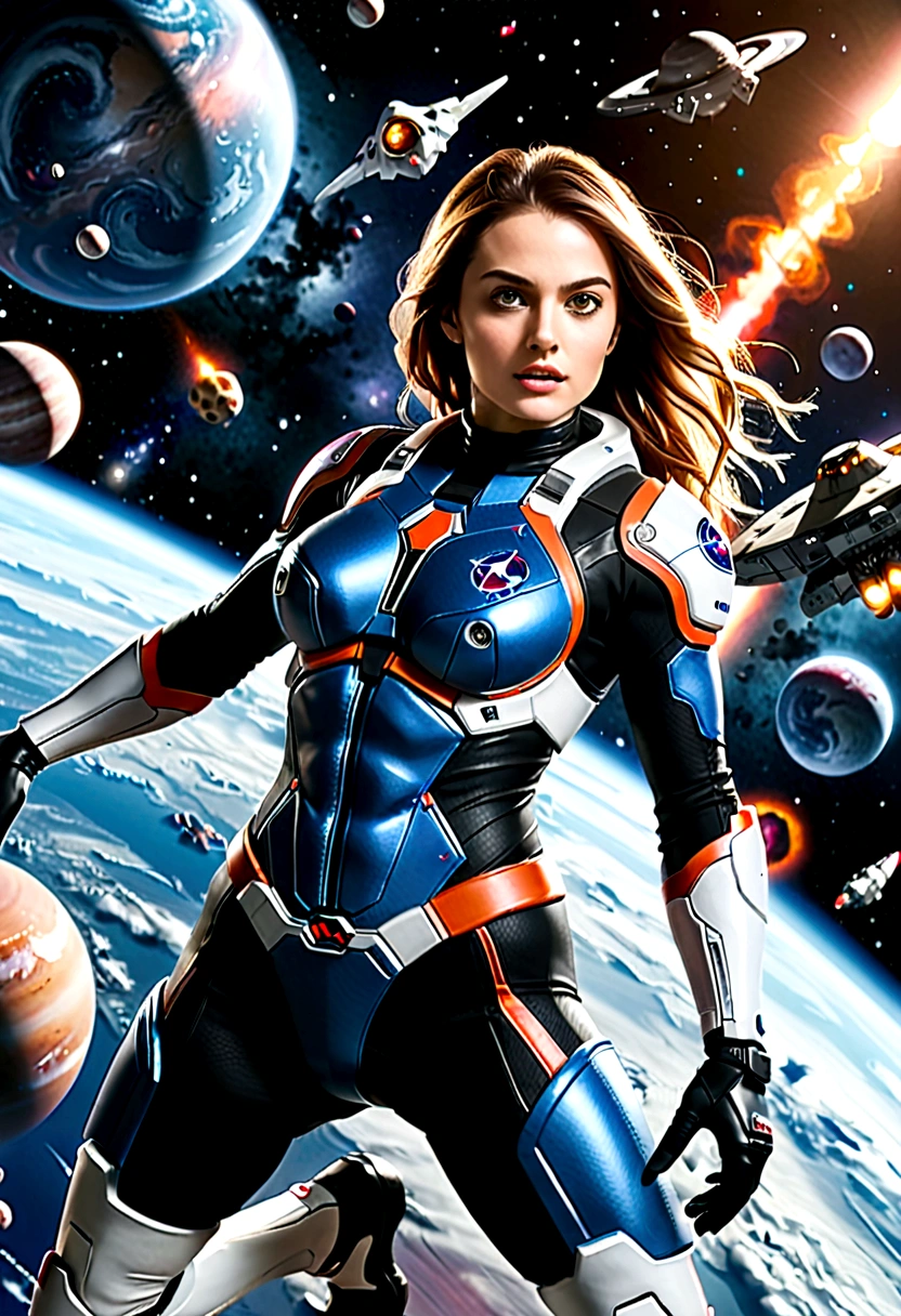 A female astronaut, extremely detailed and realistic, surrounded by gigantic starships engaged in an epic space battle, with detailed galactic conflict and photorealistic planets in the background, (best quality,4k,8k,highres,masterpiece:1.2),ultra-detailed,(realistic,photorealistic,photo-realistic:1.37),cinematic lighting,dramatic atmosphere,intense action,vibrant colors,dramatic pose,muscular body,highly detailed facial features,hyperrealistic space environment,large breasts,scifi,science fiction