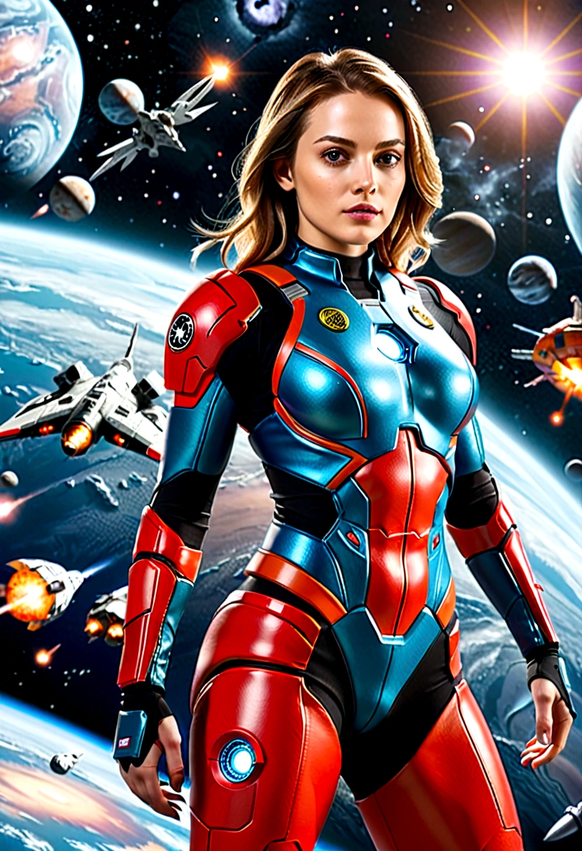 A female astronaut, extremely detailed and realistic, surrounded by gigantic starships engaged in an epic space battle, with detailed galactic conflict and photorealistic planets in the background, (best quality,4k,8k,highres,masterpiece:1.2),ultra-detailed,(realistic,photorealistic,photo-realistic:1.37),cinematic lighting,dramatic atmosphere,intense action,vibrant colors,dramatic pose,muscular body,highly detailed facial features,hyperrealistic space environment,large breasts,scifi,science fiction