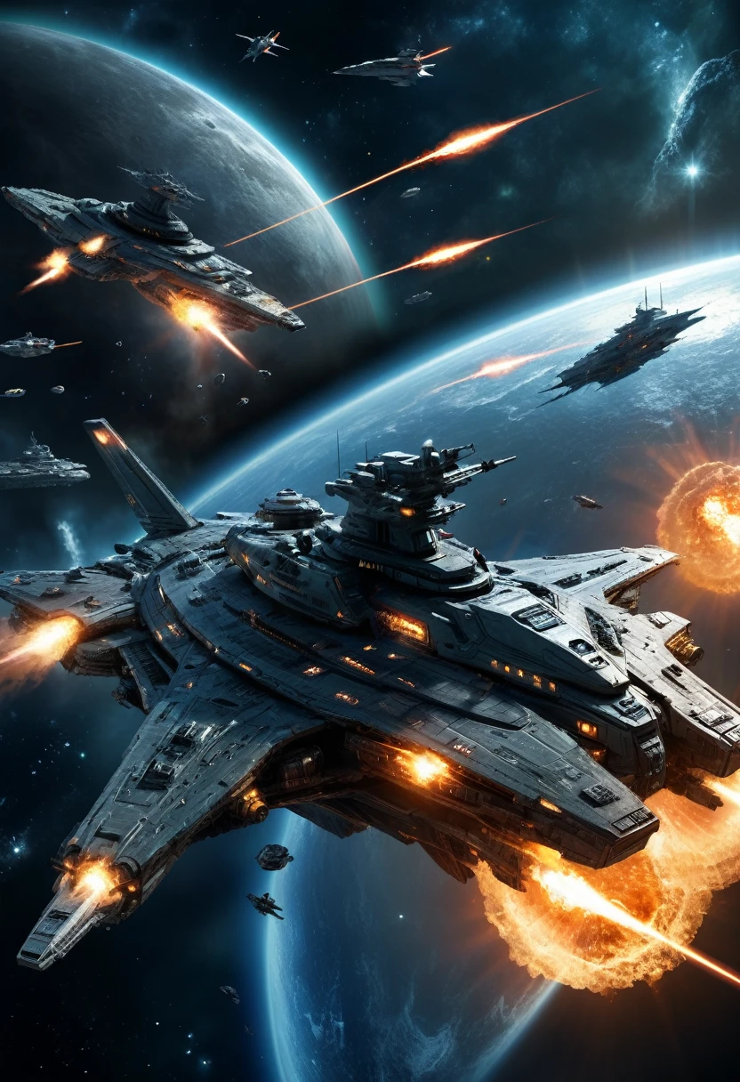 (Space War), sci-fi style, a metallic spacecraft is passing through a wormhole, with unknown galaxies shining in the distance. Enemy ships are still chasing behind, with stars and wormholes in the background, (panoramic view), award-winning, cinematic still, emotional, vignette, dynamic, vivid, (masterpiece, best quality, Professional, perfect composition, very aesthetic, absurdres, ultra-detailed, intricate details:1.3)