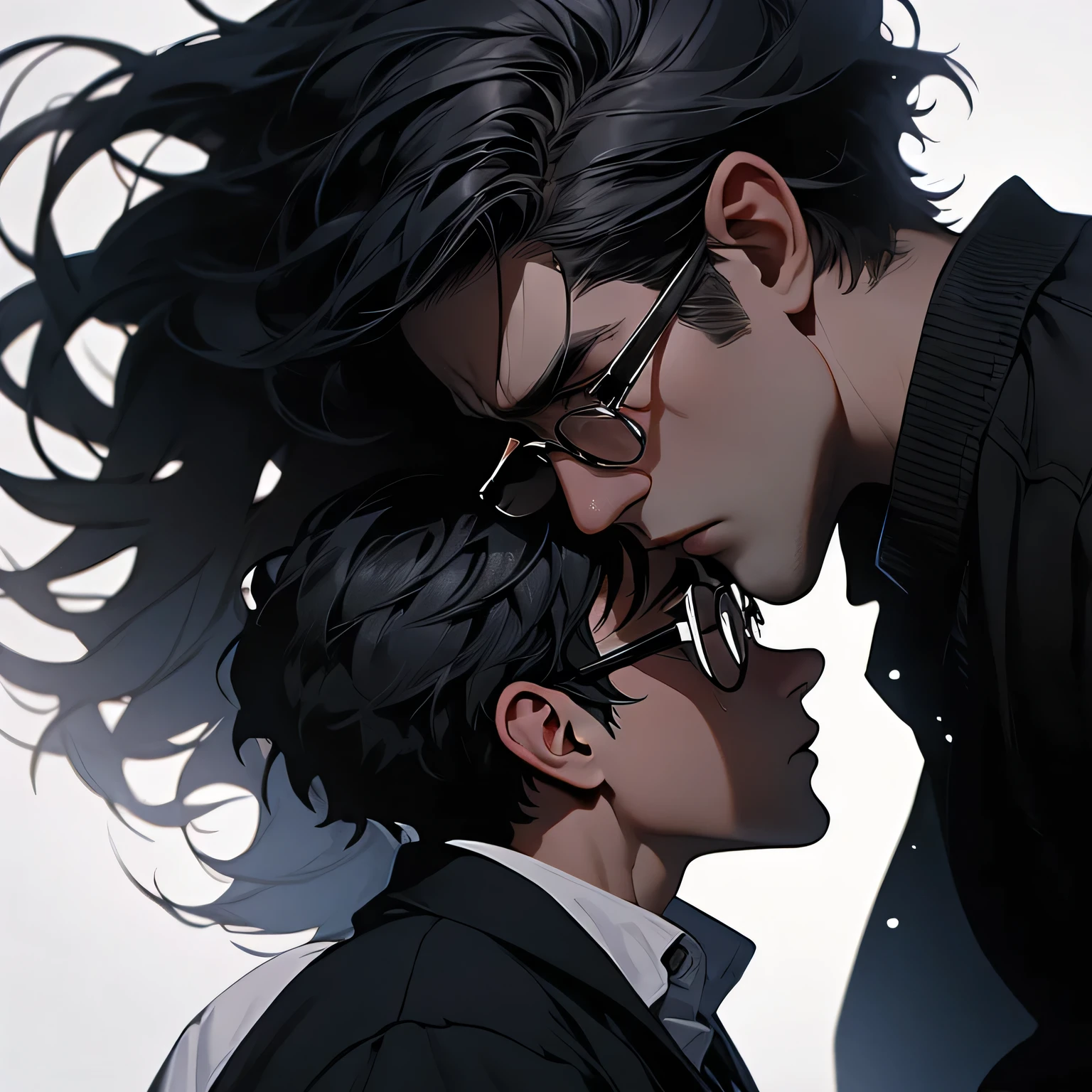 An old man parting with a young, long-haired man,glasses death, glowing white background, glare, dramatic epic, sad, heaven, separation, crying.