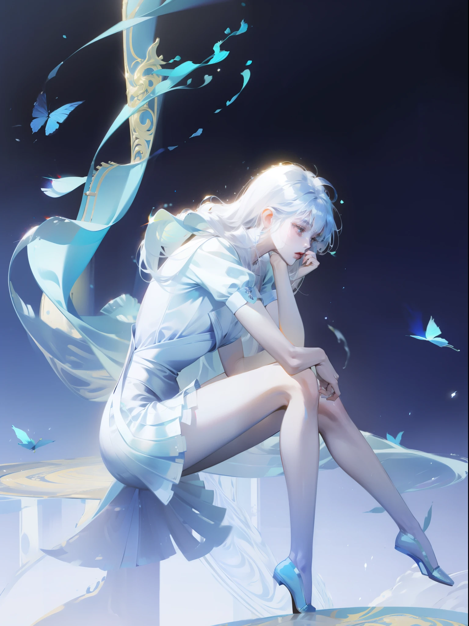 1 girl，Shimizu，Blue Butterfly，Pure white gauze skirt，shiny，Sitting in the air
