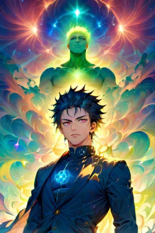 (masterpiece:1.3),(Highest quality:1.4),(Very detailedな:1.5),High resolution,Very detailed,8K,wallpaper,(One boy,gojou satora,JUJUTSU KAİSEN),artwork,(The background is an infinite universe,red,green,purple)