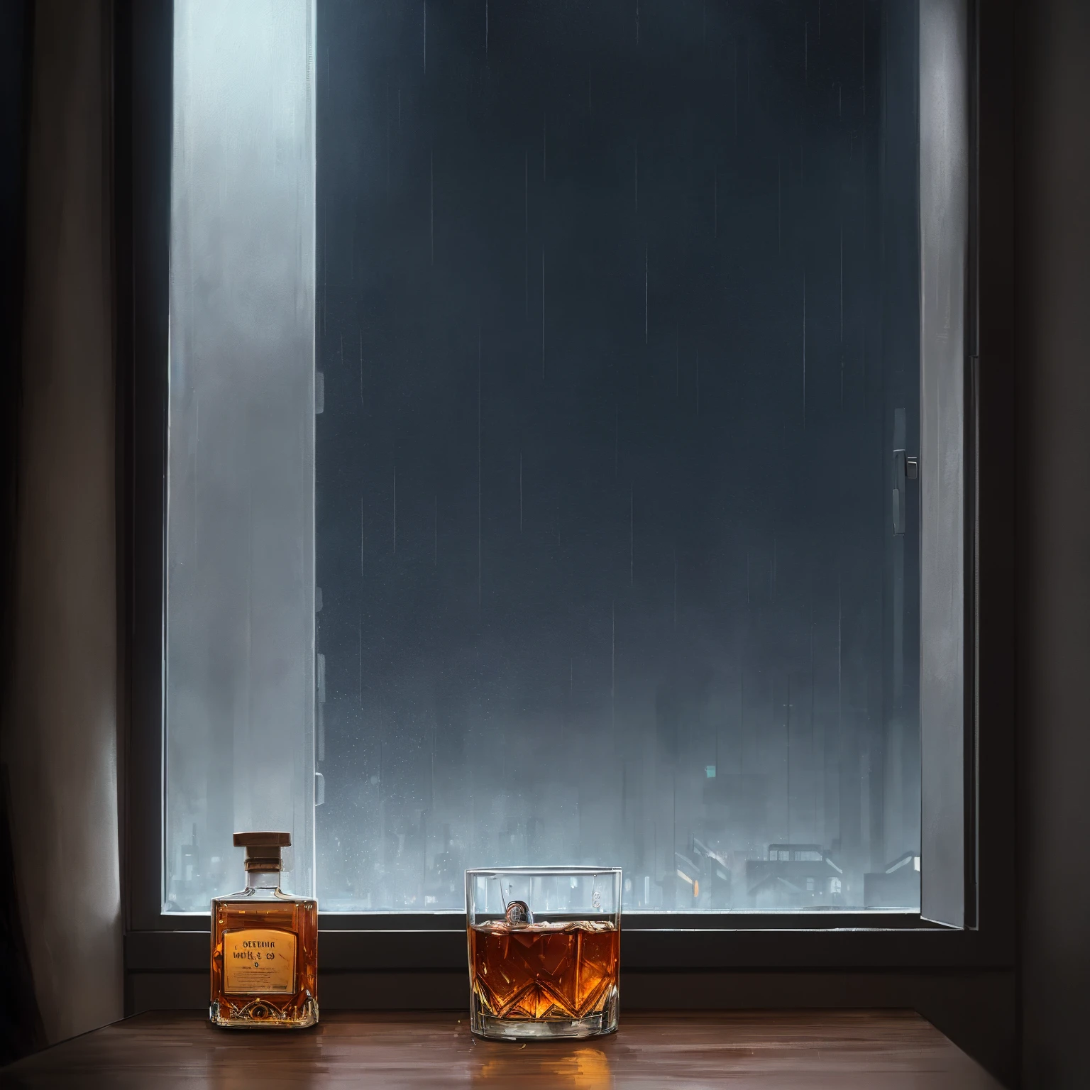 (masterpiece), (dark clouds), (cyberpunk living room), (indoor), (window), (rainy weather), (cyberpunk city), (realistic illustration), (cinematic), (looking out the window), (one liquor bottle and whiskey glass on table), (one blue headphone on table)