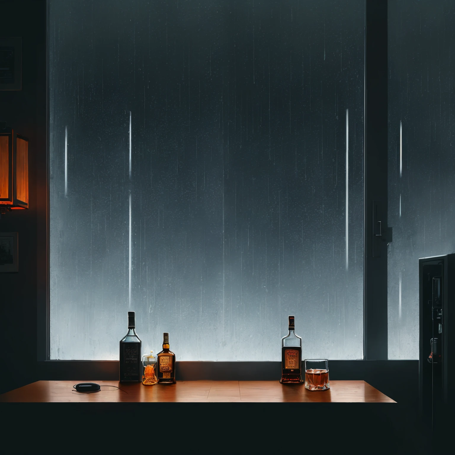 (masterpiece), (dark clouds), (cyberpunk living room), (indoor), (window), (rainy weather), (cyberpunk city), (realistic illustration), (cinematic), (looking out the window), (one liquor bottle and whiskey glass on table), (one blue headphone on table)