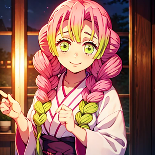 Kanroji Mitsuri is smiling and frolicking in a kimono at an inn at night.