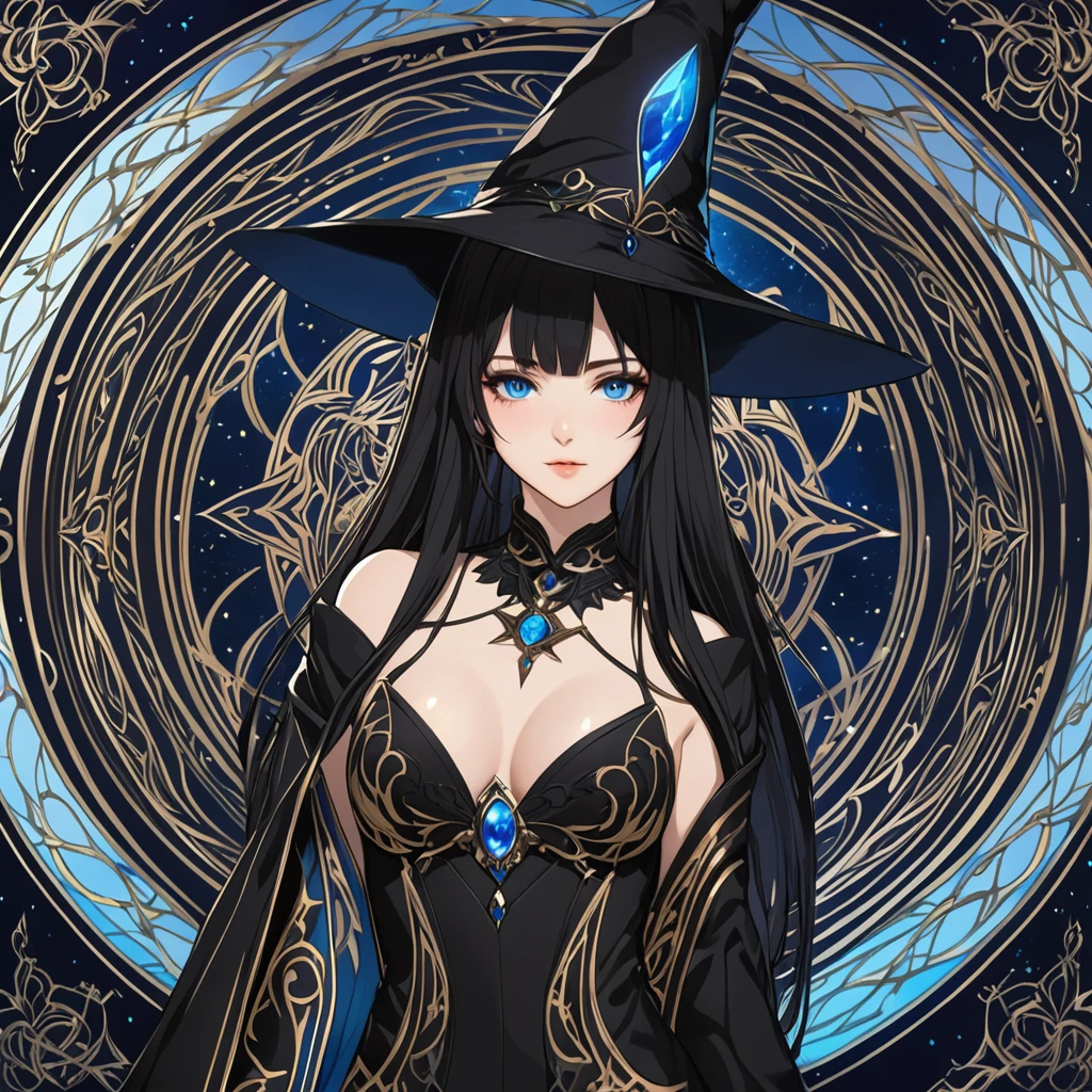 masterpiece, best quality, 1woman adult, female focus, solo, black hair, vibrant blue eyes, long hair, looking at viewer, closed mouth, bangs, Fantasy aesthetics, Highly detailed, shadowverse style, black attire, sorceress
