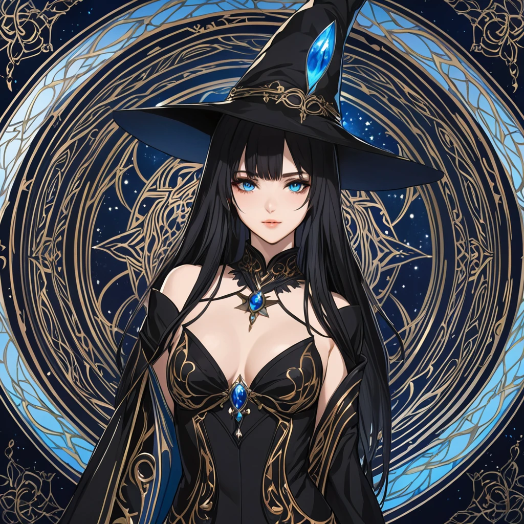 masterpiece, best quality, 1woman adult, female focus, solo, black hair, vibrant blue eyes, long hair, looking at viewer, closed mouth, bangs, Fantasy aesthetics, Highly detailed, shadowverse style, black attire, sorceress
