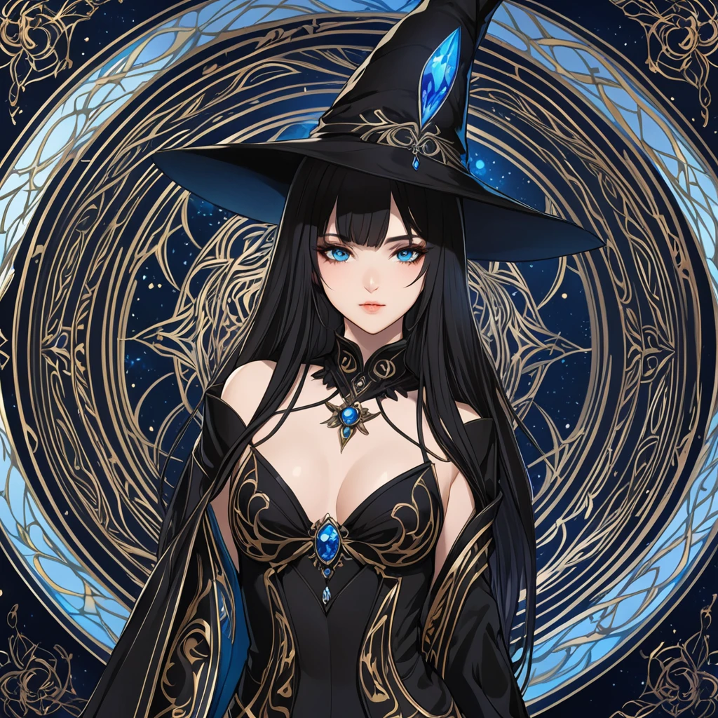 masterpiece, best quality, 1woman adult, female focus, solo, black hair, vibrant blue eyes, long hair, looking at viewer, closed mouth, bangs, Fantasy aesthetics, Highly detailed, shadowverse style, black attire, sorceress
