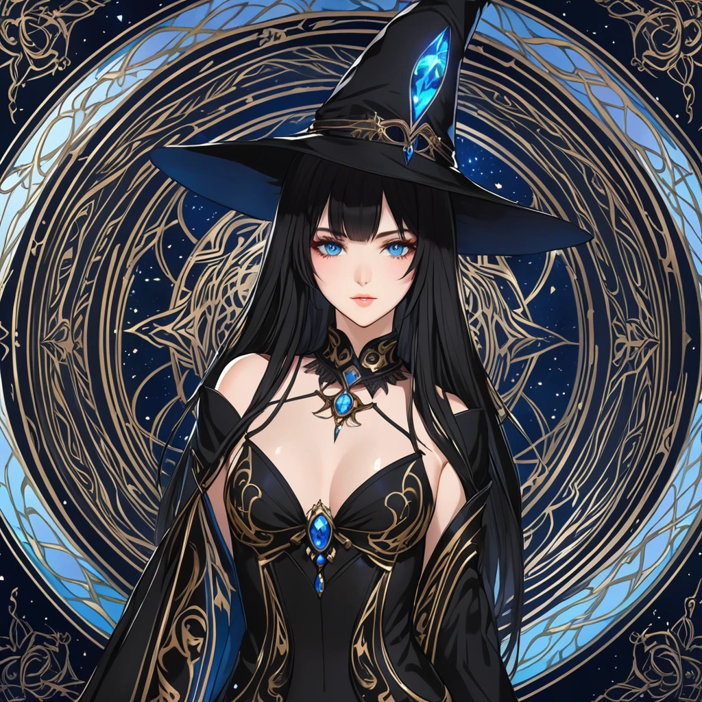 masterpiece, best quality, 1woman adult, female focus, solo, black hair, vibrant blue eyes, long hair, looking at viewer, closed mouth, bangs, Fantasy aesthetics, Highly detailed, shadowverse style, black attire, sorceress
