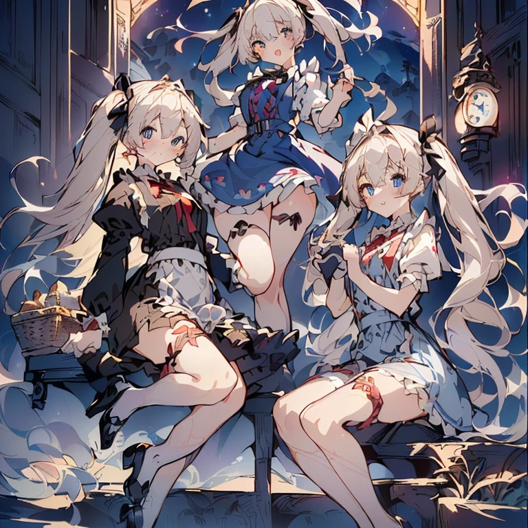(perky chest:1.2), (pointed chest:1.2),(((Black Tunic:1.3))),(((cakes and bread in the basket),Cute and beautiful girl,Cute round face,Cute smile,with blush cheeks,Red Lip,a girl 22 years old, nsfw:1.2, beautiful body:1.3), shinny skin, BREAK, ((alice in the wonderland:1.3, cute, kawaii, lovely, funny, a girl falling down from sky:1.3, girl flying in sky:1.2, girl floating in air:1.3, rolling upskirt by wind:1.5, (with sparkling eyes and a contagious smile),open mouth, Looking at Viewer, surprised, putting hands on crotch over the skirts:1.35)), BREAK, ((floating things as follows:1.3, PlayingCards, Trump, tea cup, tea pot, tea spoons, pocket watch:1.3, lip sticks, candies:1.2, cookies, jam bottles, classical door_keys)), ((long purply_Blue dress :1.5, wearing long flaired skirt:1.3, the skirt is blowing:1.3, cute White Apron, black stockingedium long platinum-blonde hair:1.2, twin tail hair:1.6, tied hair with a large ribbon), (Blue eyes, bright pupils with highlights, detailed eyes), (lying down on your back:0.7, spreading legs with rising up straight:0.7), sexy posture, fantastic colorful art, (fantasy art:1.2, wondered images), ((correct ???????:1.5, perfect ???????:1.3, correct hand, small foot:1.2)), 
