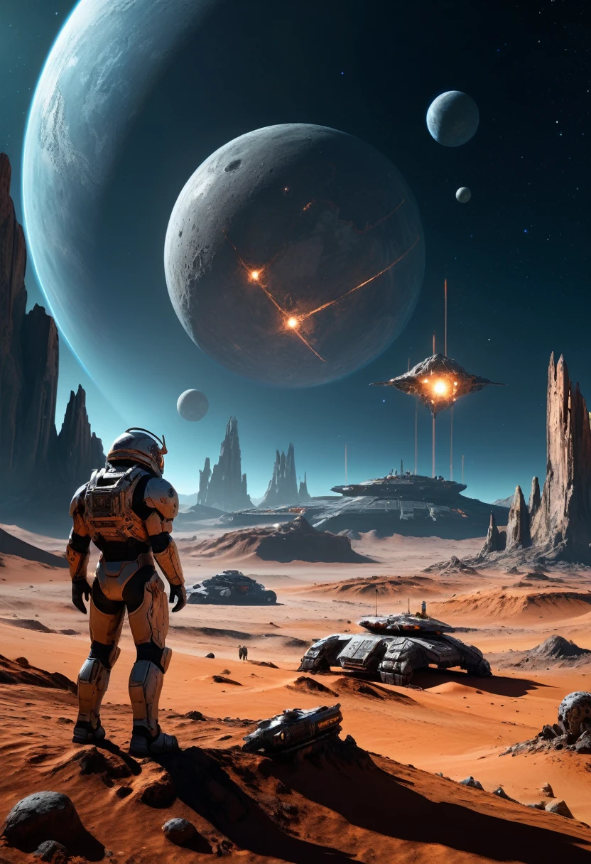 (Space War), sci-fi style, elite teams are guarding legendary relics in a harsh planetary environment. The relics under the starry sky shine brightly, and enemy details are visible. The background is a low-pressure planet surface, (panoramic view), award-winning, cinematic still, emotional, vignette, dynamic, vivid, (masterpiece, best quality, Professional, perfect composition, very aesthetic, absurdres, ultra-detailed, intricate details:1.3)