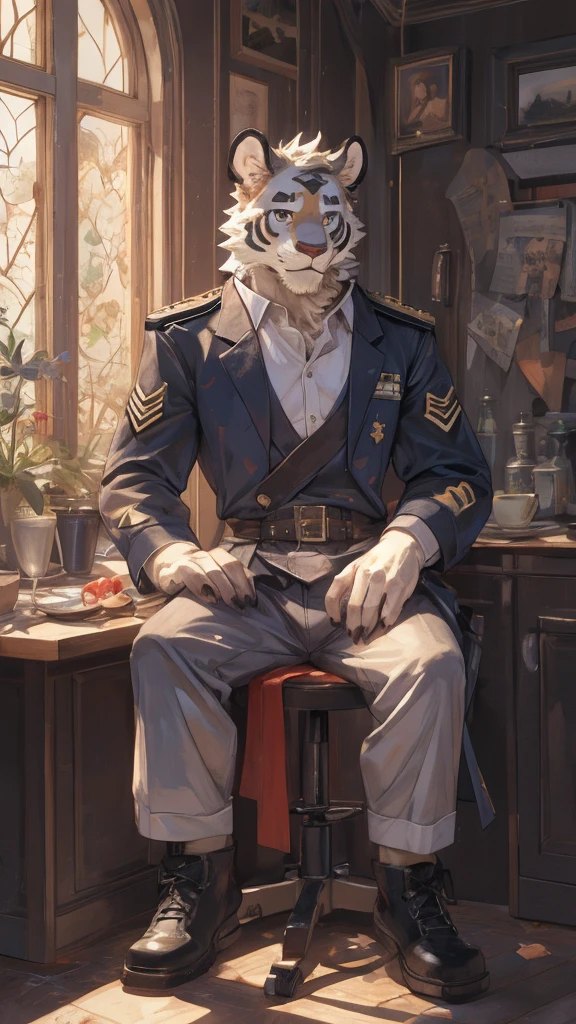 {{bara extremely handsome white tiger,}} {{white fur,}} white, wearing military like purple trench coat, purple trousers, white dress shirt and necktie, white fluffy furry body and limbs, loafers, very tall, very broad shoulders, narrow waist, muscular arms, massive pecs, purple eyes, very long legs, sitting on swivel chair with legs spread, massive bulge, reading file, sophisticated hot look, full body, sunlight casting over, 3/4 view, best quality, high quality, silver earring on left ear, sultry smirk